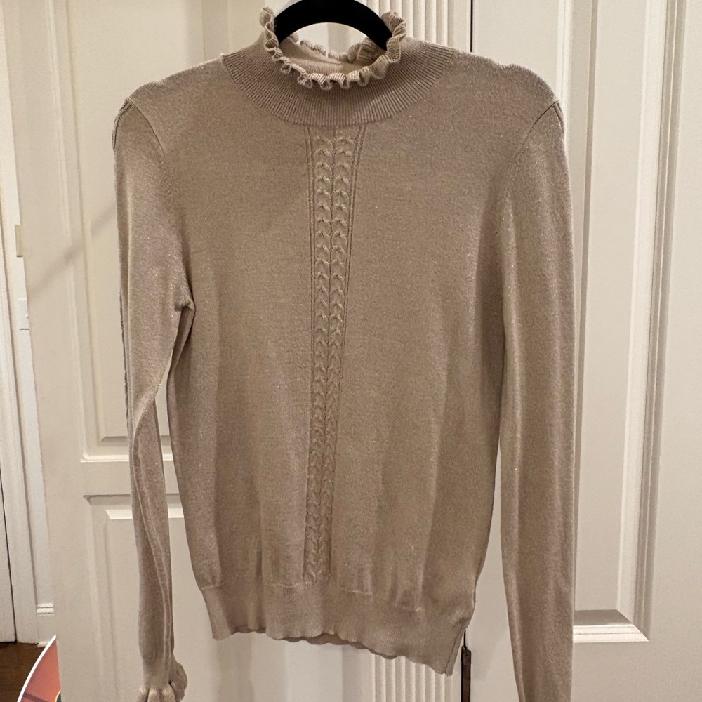 ESQUALO Metallic Beige Mock Neck Sweater with Ruffle Accent